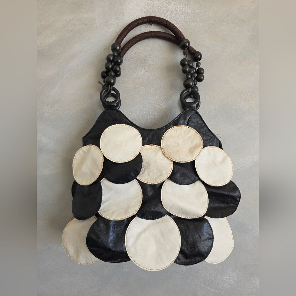 Black White Petal Tier Faux Leather Purse Beaded Straps Handbag Shoulder Bag